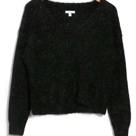 Nordstrom Abound Black Sparkle V-Neck Fuzzy Knit Pullover Sweater - Picture 2 of 10